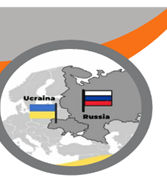 Karte von Europa, Ukraine und Russland sind mit Fähnchen markiert.